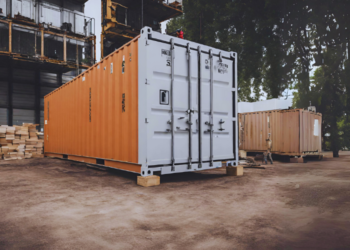 A shipping container being used for on-site storage at a worksite