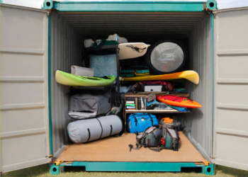 A container filled with outdoor adventure gear